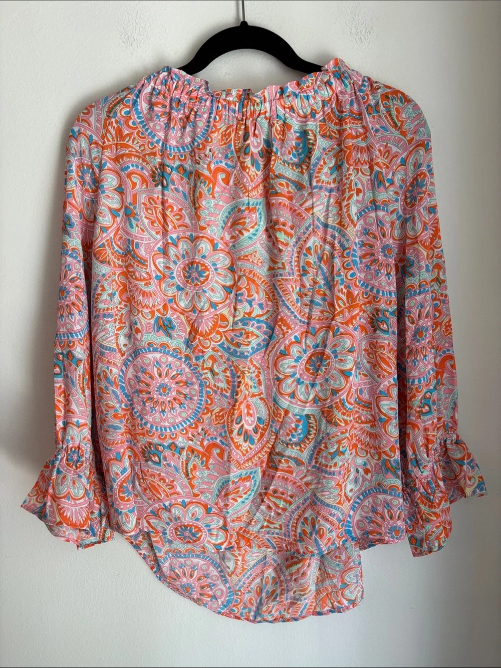 Talbots Women's Coral Paisley Peasant Blouse Ruffle 3/4 sleeve colorful fun XLP